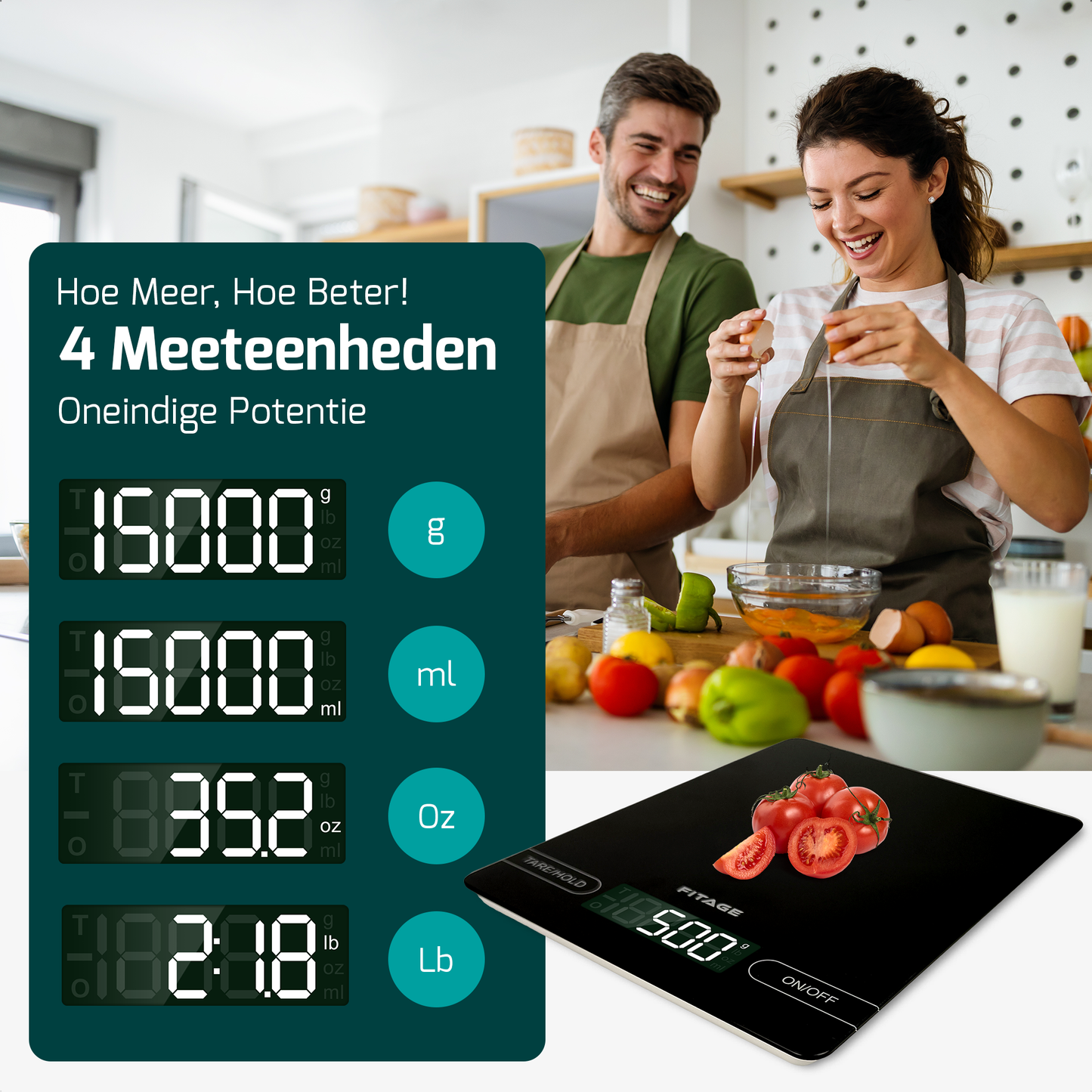 Keukenweegschaal met digitale weergave, tot 15 kg. Perfect voor het afmeten van ingrediënten met hoge precisie.