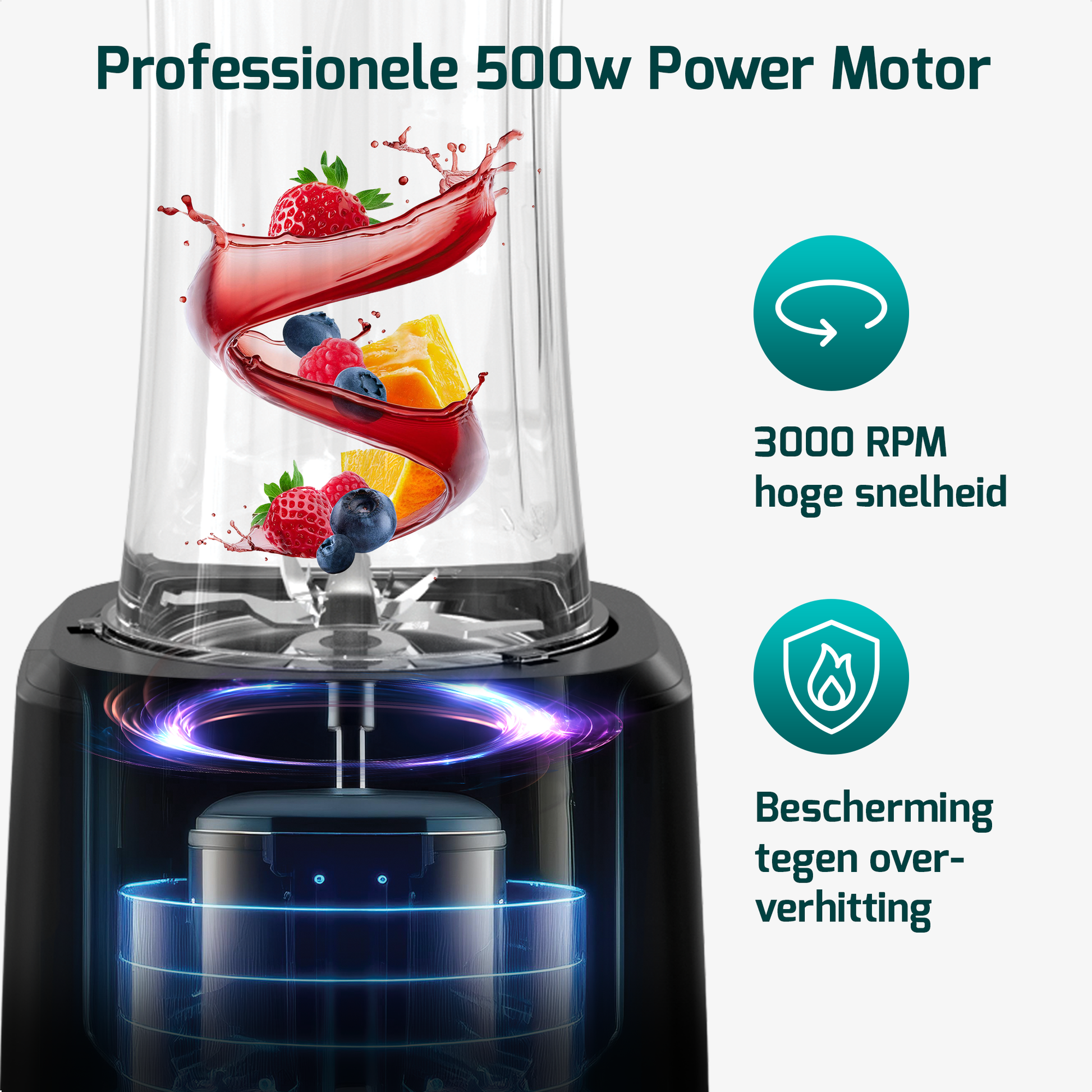 Blender voor smoothies van 500W, inclusief 8 accessoires en een 650ml fles om je drankjes overal mee naartoe te nemen.