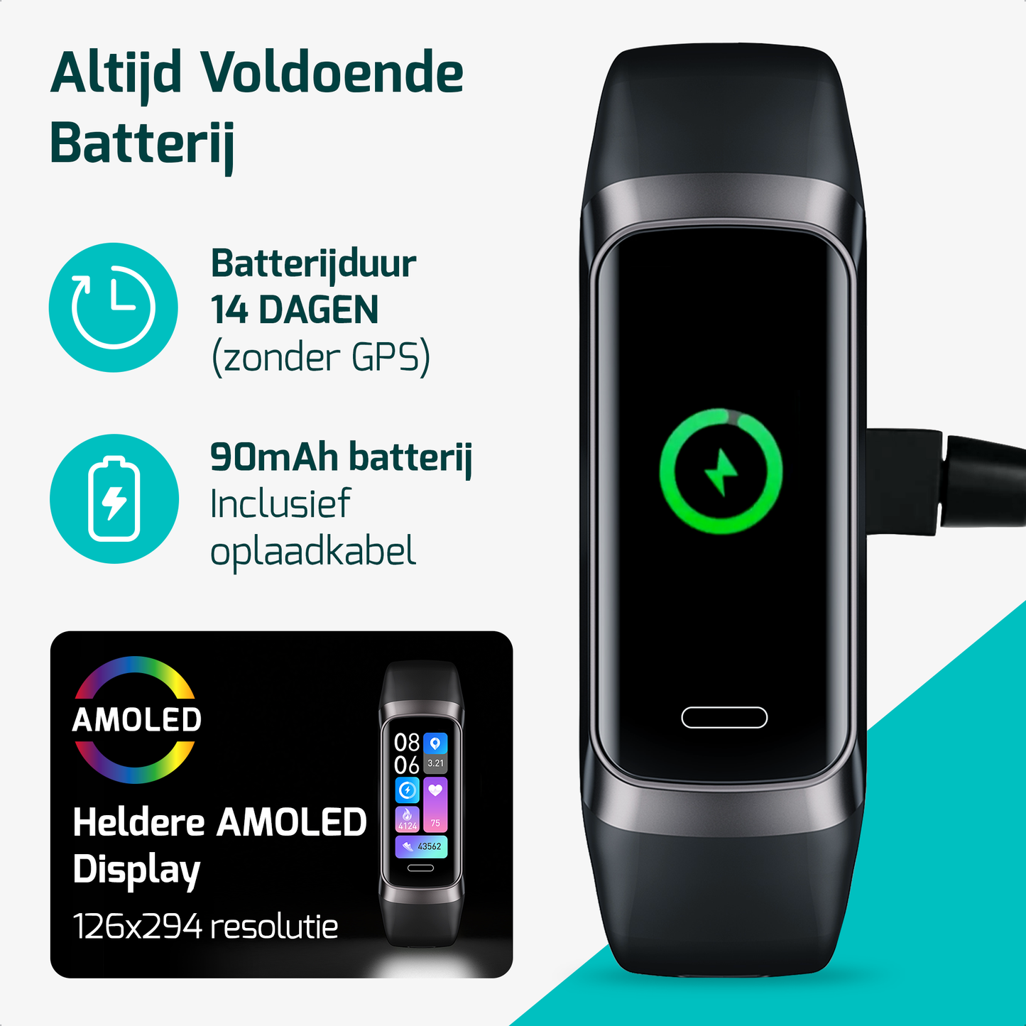 Activiteitstracker met een digitaal scherm dat stappen, hartslag en calorieën bijhoudt.