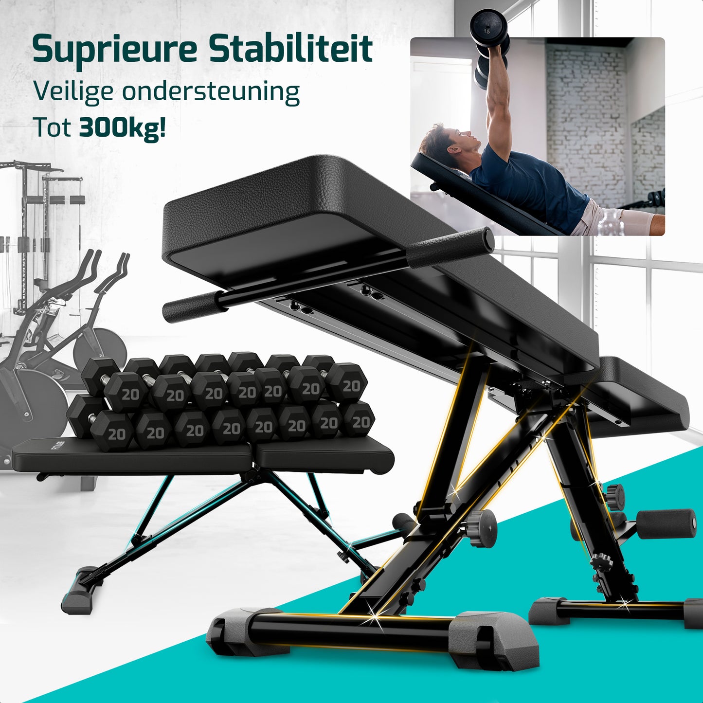 Fitnessbank die je kunt verstellen en inklappen, met een maximale belasting van 300 kg. Perfect voor elke training.