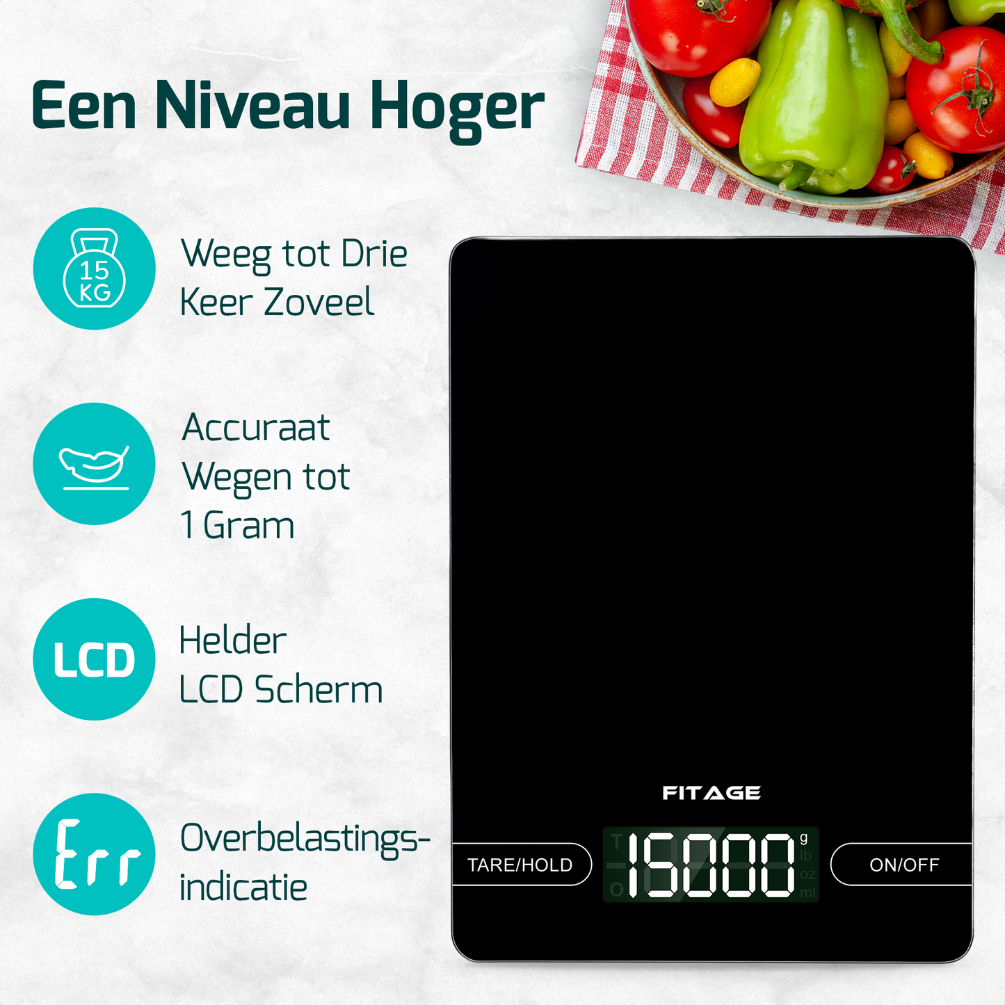 Precisie digitale keukenweegschaal, tot 15 kg. Handig voor het nauwkeurig wegen van voedsel en ingrediënten.