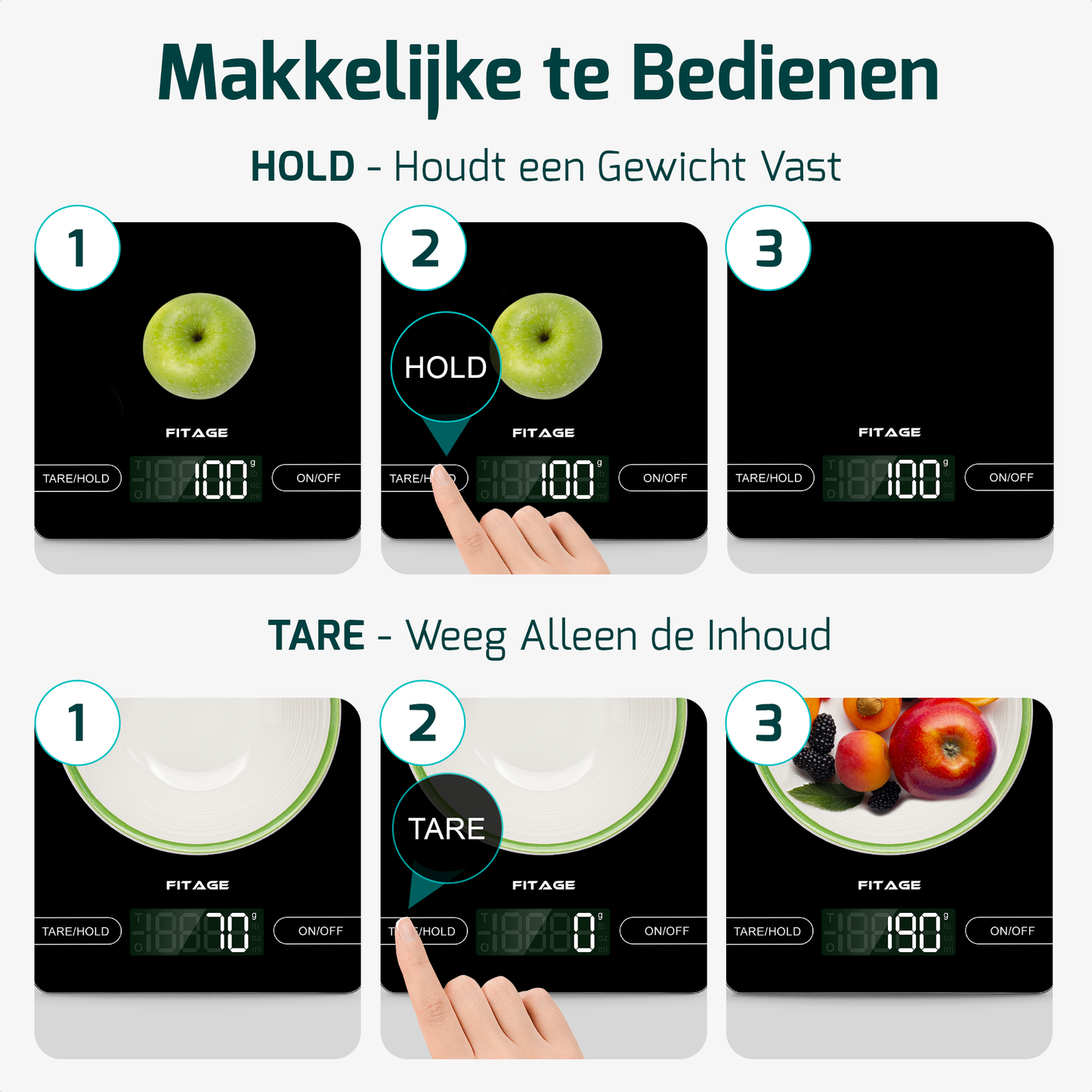 Digitale keukenweegschaal met een helder display en een strak ontwerp, ideaal voor nauwkeurig afmeten van ingrediënten.