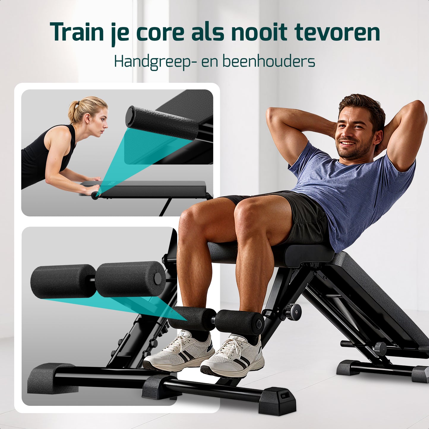 Verstelbare fitnessbank, inklapbaar en sterk, met een draagvermogen tot 300 kg. Perfect voor thuis workouts.