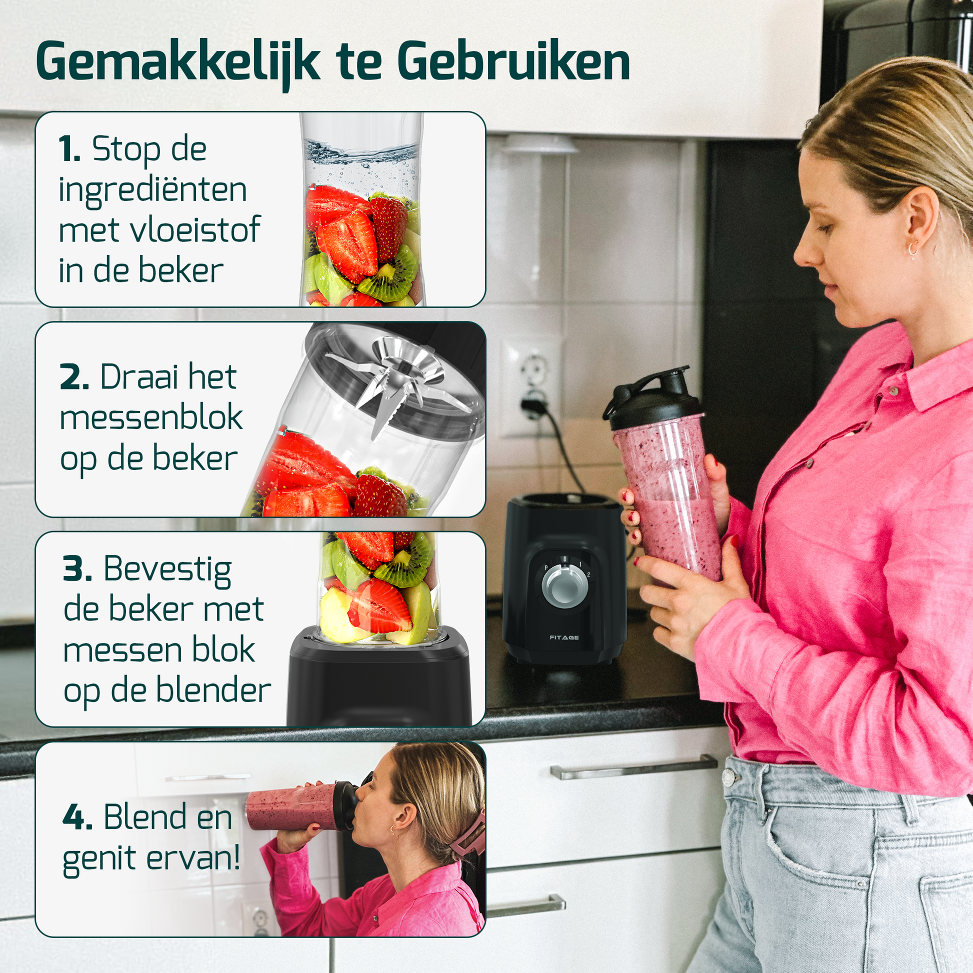 Een compacte smoothie maker met een kleurrijke uitstraling, perfect voor het snel bereiden van verfrissende smoothies.