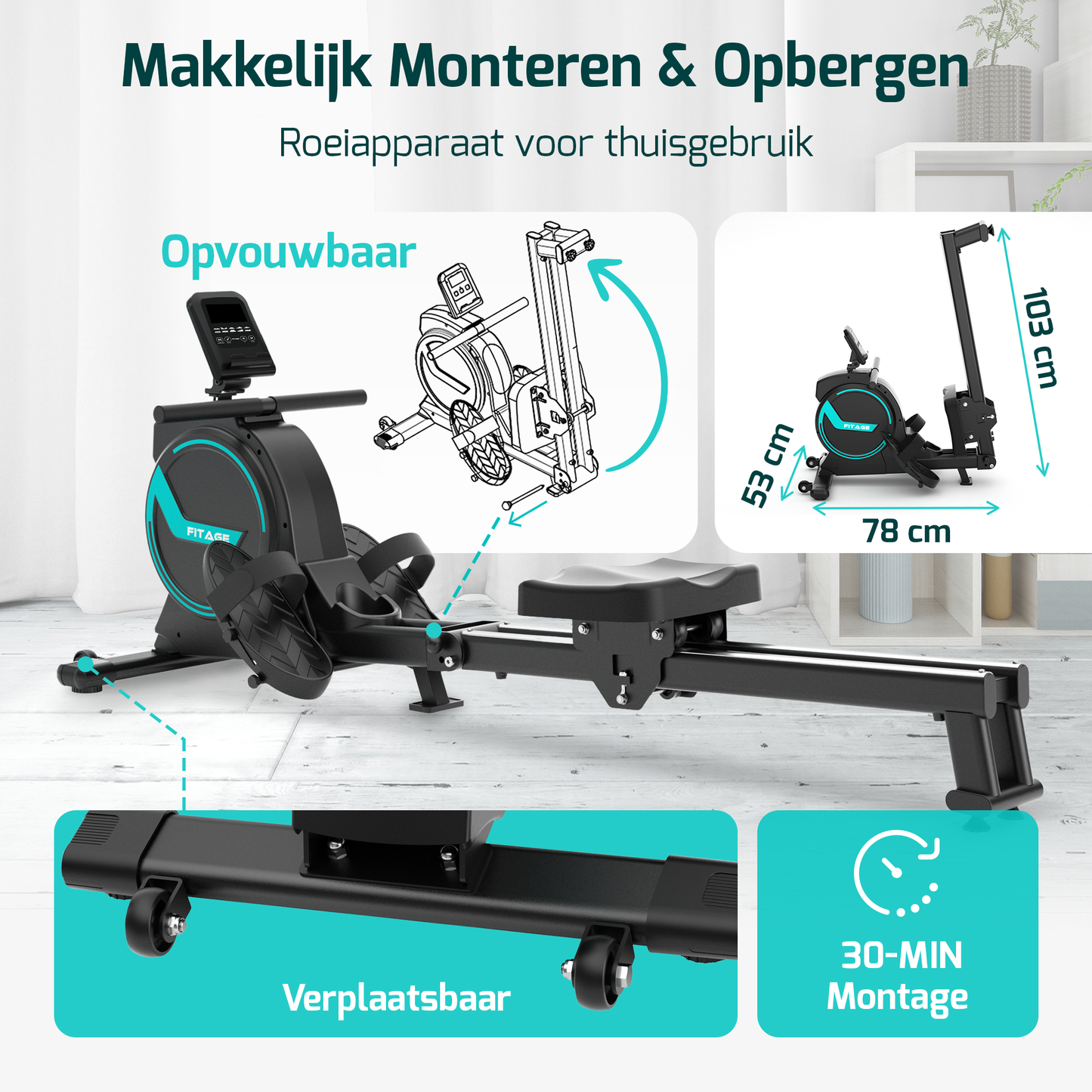 Roeitrainer met 16 niveaus, trainingsprogramma's en app, makkelijk op te bergen door inklapbaar ontwerp.