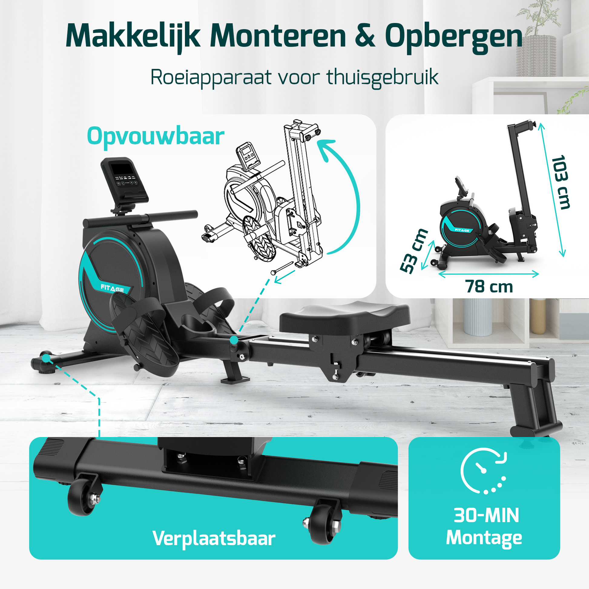 Roeitrainer met 16 niveaus, trainingsprogramma's en app, makkelijk op te bergen door inklapbaar ontwerp.
