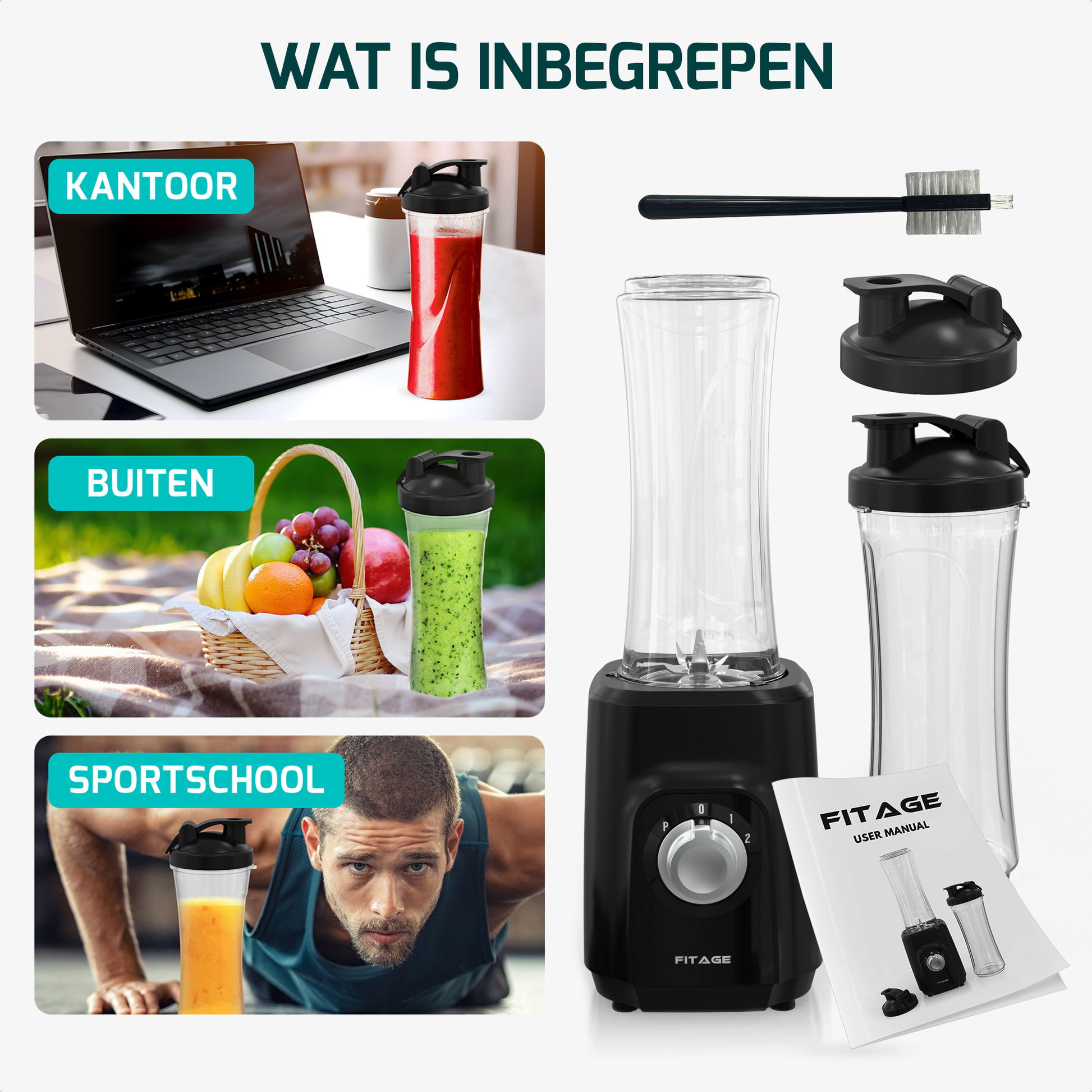 Smoothie maker van 500W met 8 accessoires en een 650ml blender om je favoriete smoothies onderweg te genieten.
