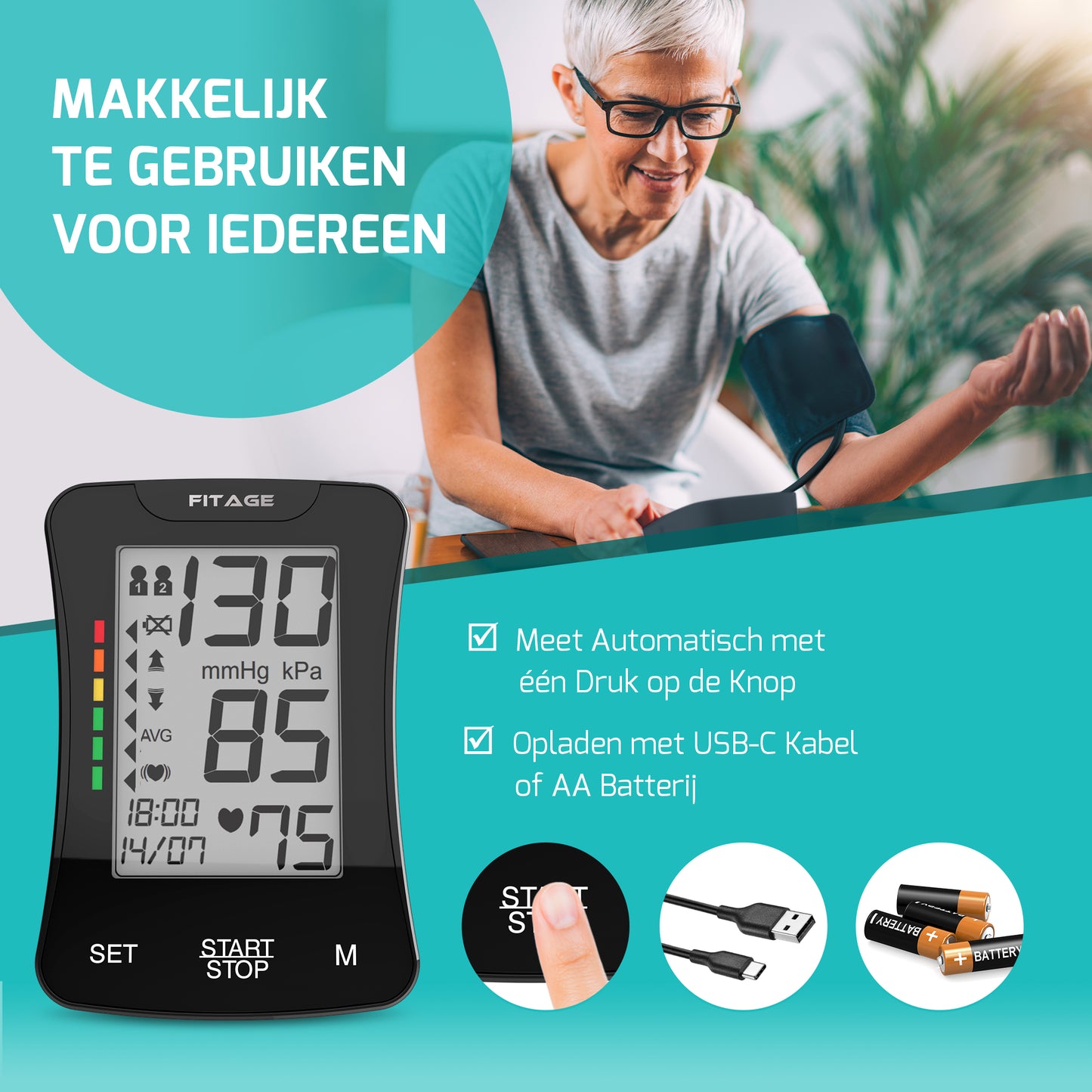 Bloeddrukmeter van Fitage, een compact apparaat voor het meten van bloeddruk met een duidelijk display.