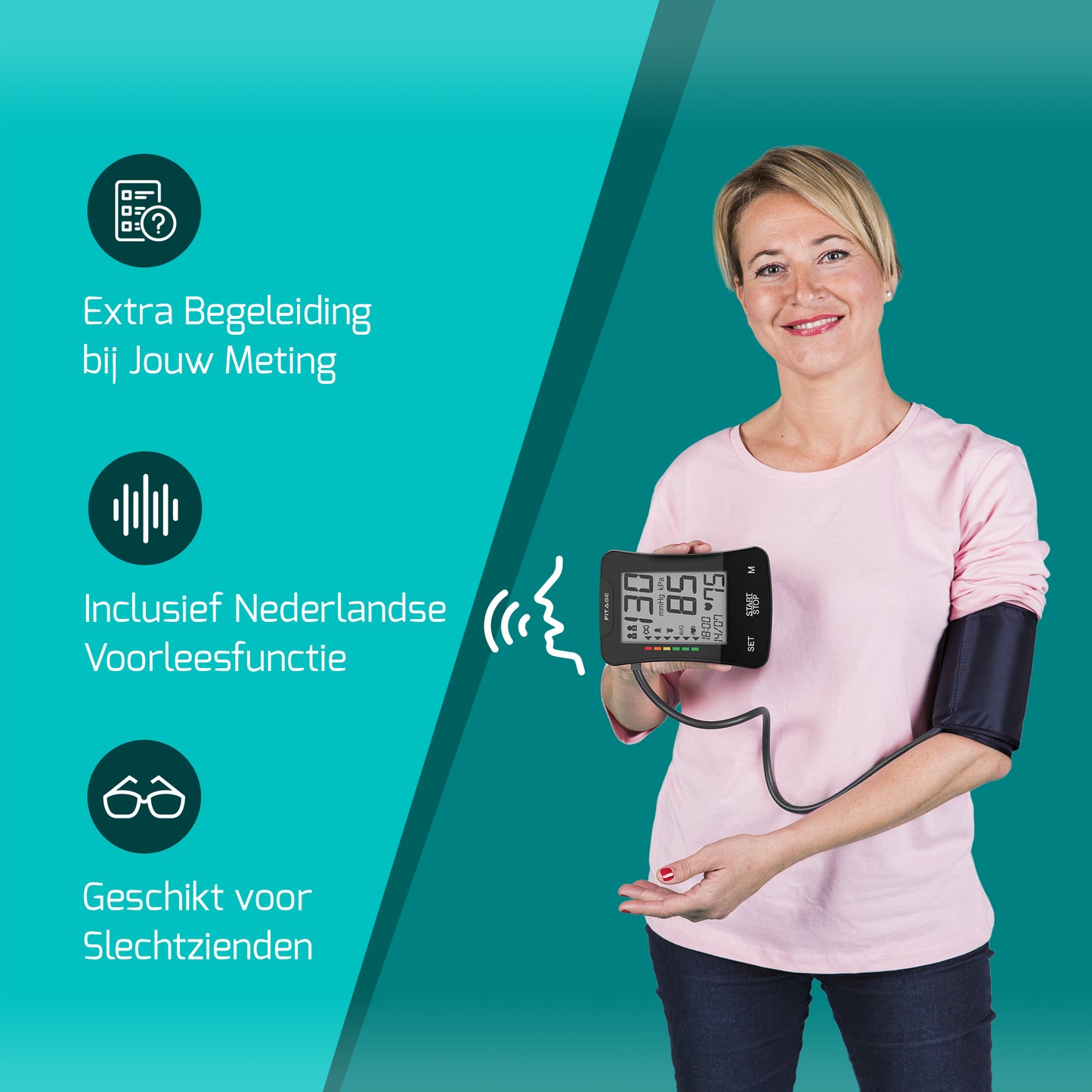 Digitale bloeddrukmeter Fitage, inclusief manchet en gebruiksaanwijzing, ideaal voor thuisgebruik.