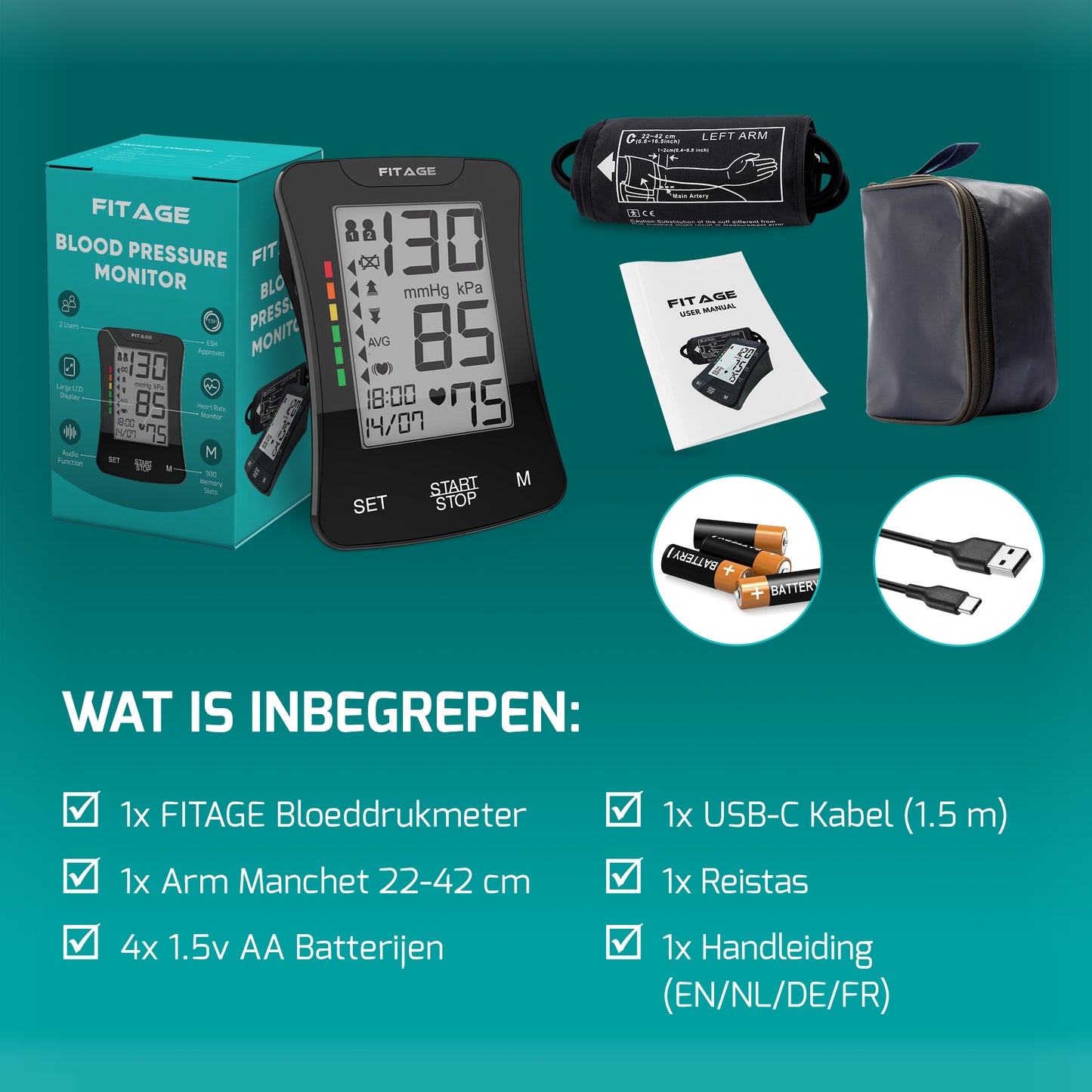 Bloeddrukmeter van Fitage, een compact apparaat voor het meten van bloeddruk met een duidelijk display en gebruiksvriendelijke knoppen.