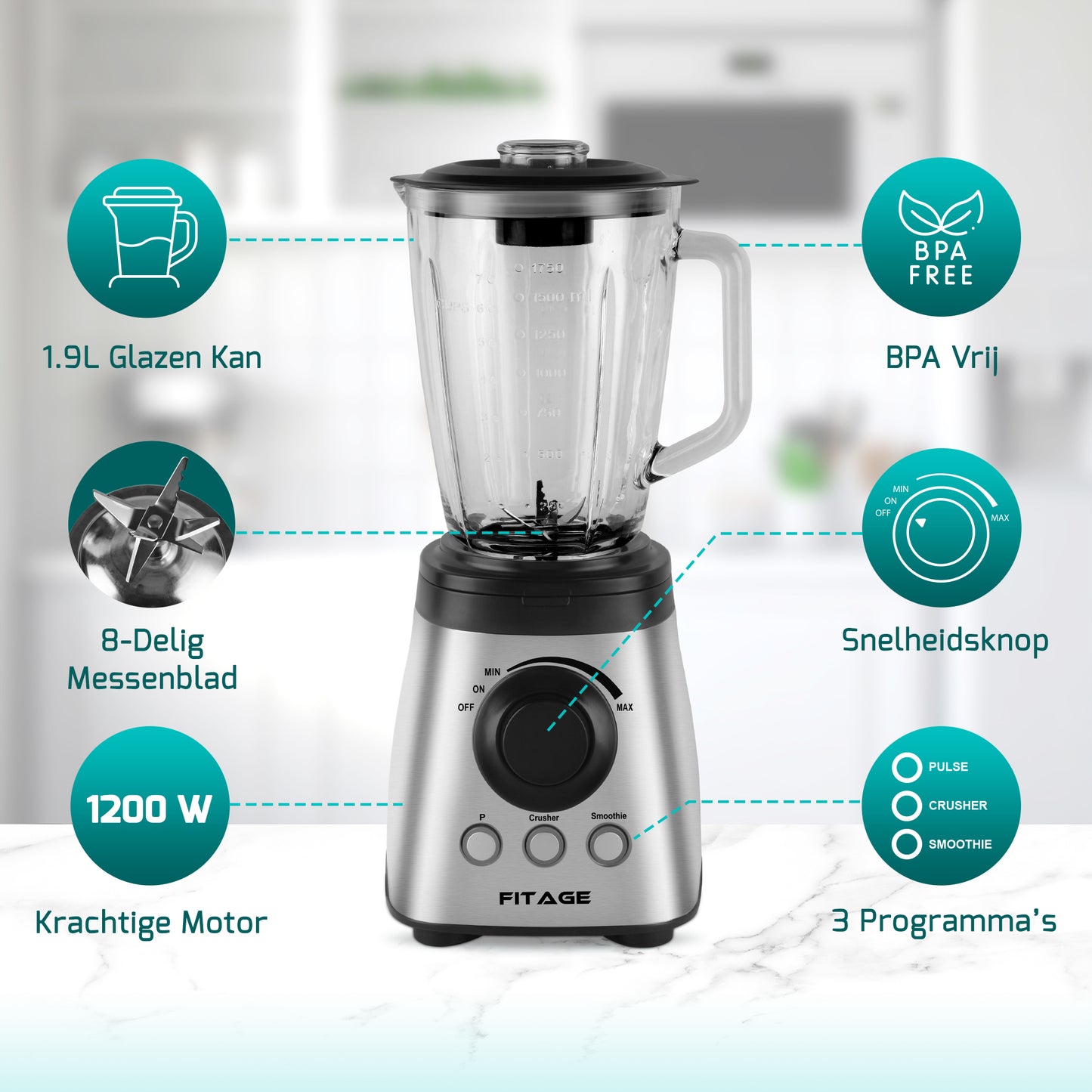 Keukenblender op een aanrecht, klaar om ingrediënten te mixen voor smoothies en sauzen.