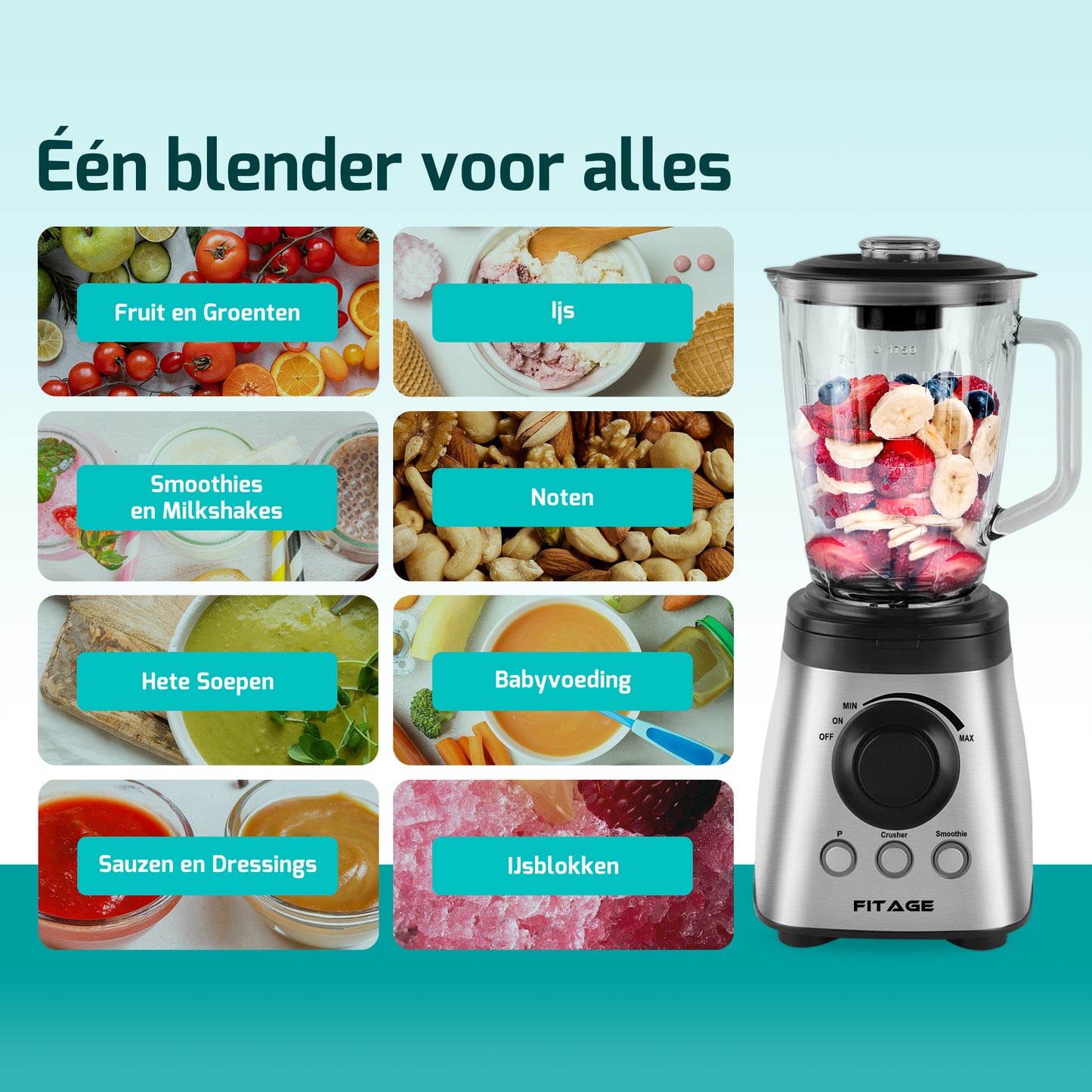 Moderne keukenblender met een glazen kan, omringd door vers fruit en groenten.