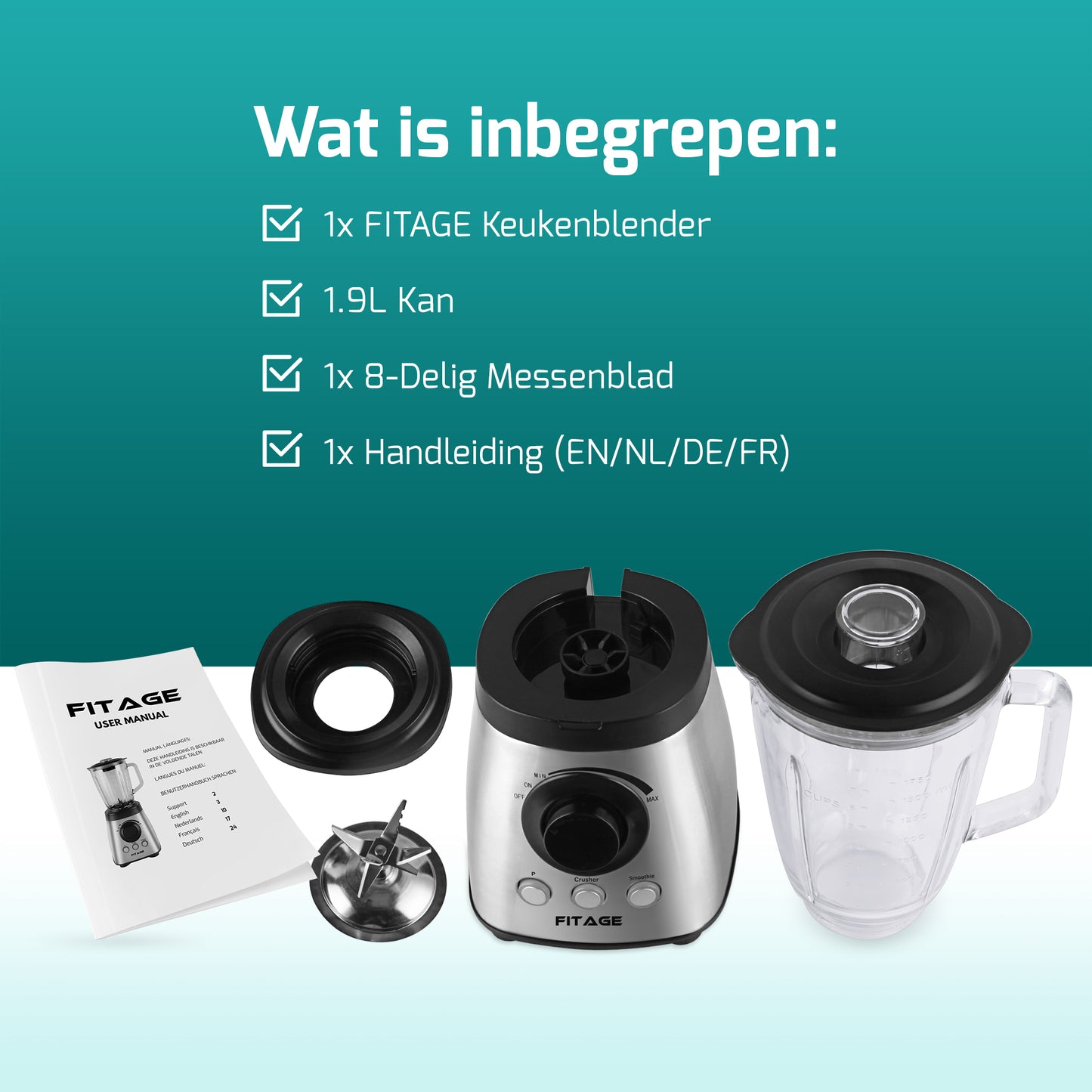 Keukenblender van 1200W met 1.9L kan, ideaal voor smoothies en makkelijk mee te nemen. Gezond en praktisch!