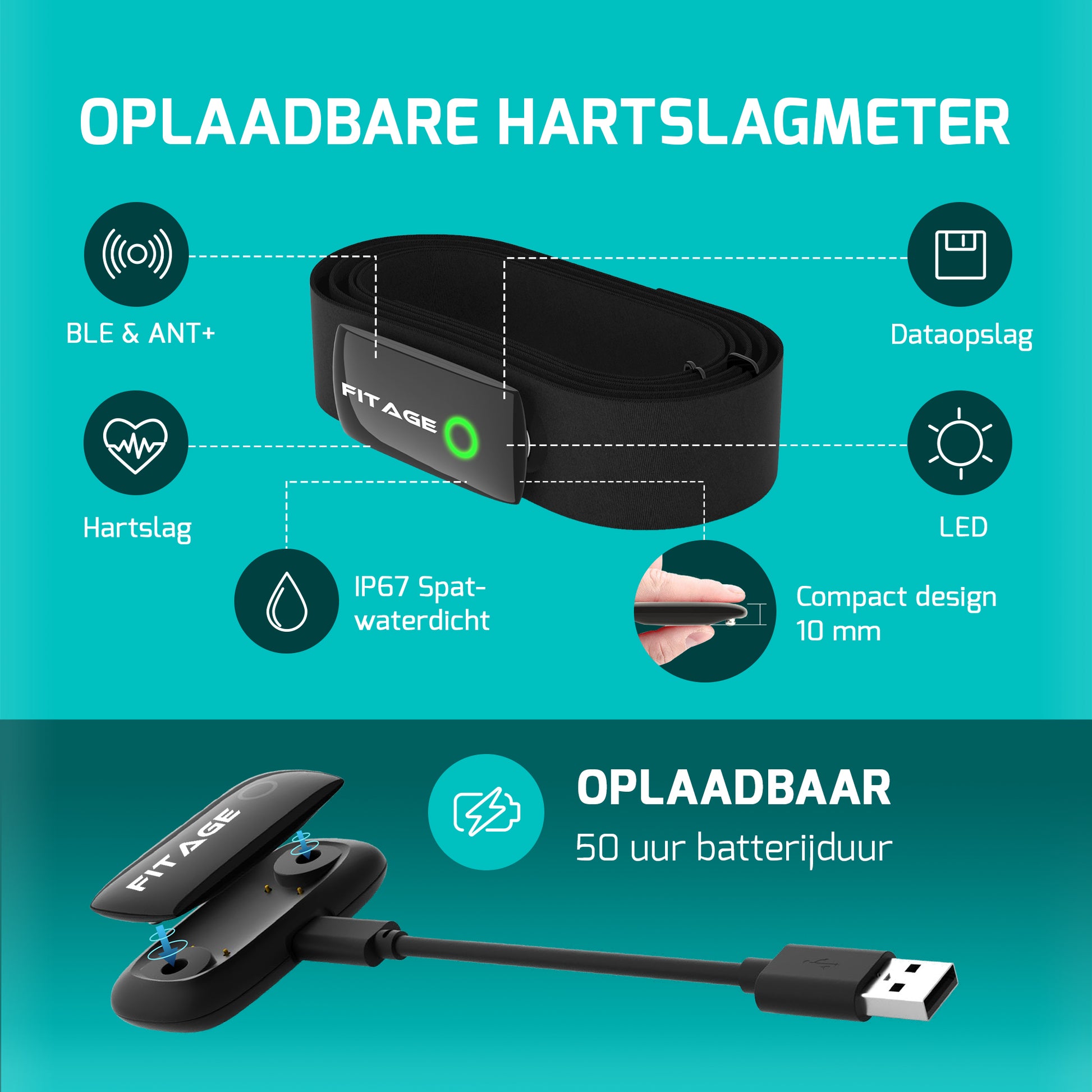 Bluetooth en ANT+ hartslagmonitor band, perfect voor het volgen van je hartslag tijdens trainingen.