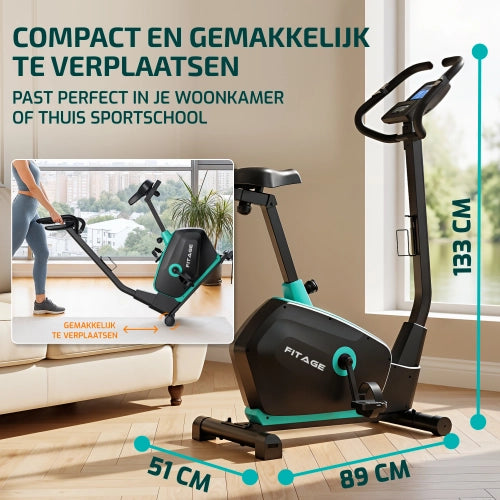 Compacte FITAGE hometrainer voor thuis, afmetingen 89 x 51 x 133 cm, eenvoudig te verplaatsen.