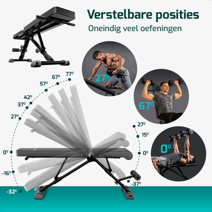 Inklapbare fitnessbank, verstelbaar en sterk, geschikt voor een gewicht tot 300 kg. Ideaal voor elke workout.