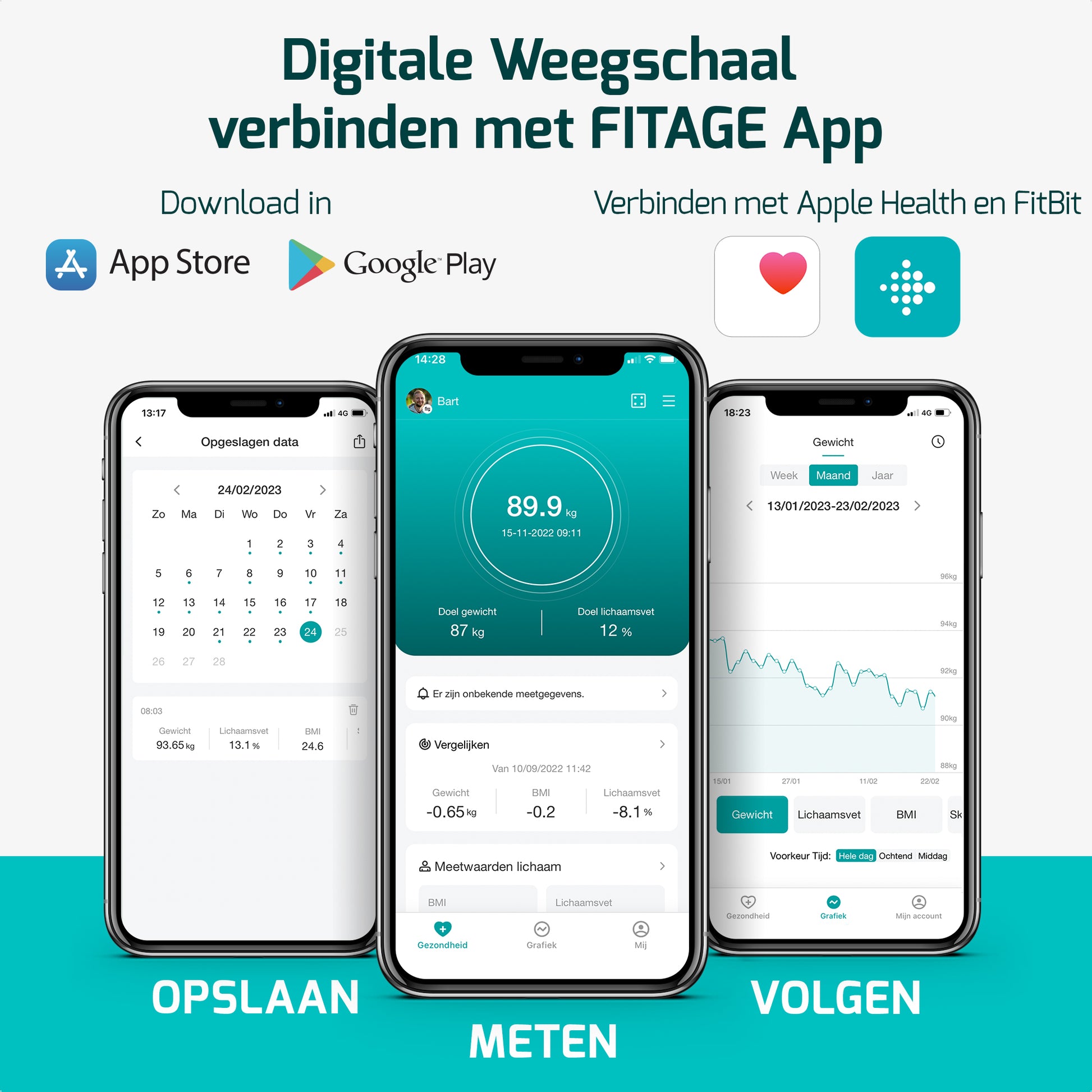 LED personenweegschaal met 17 analyses, vetpercentagemeter en FITAGE-app voor een gezonde levensstijl.