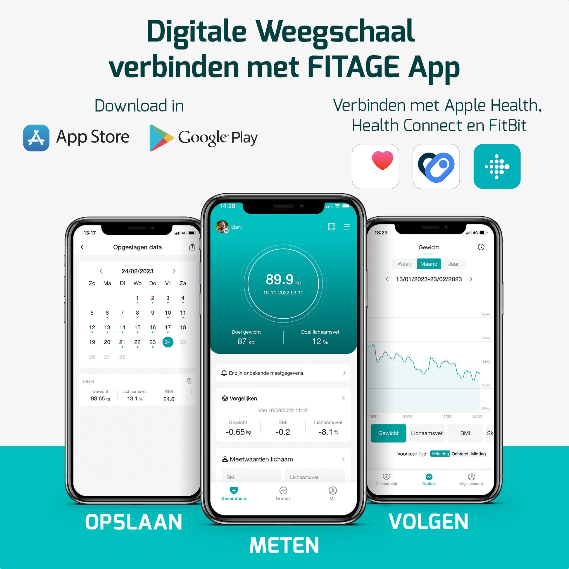 LCD personenweegschaal met 17 lichaamsanalyses en vetpercentagemeter, plus de FITAGE-app voor eenvoudig bijhouden.