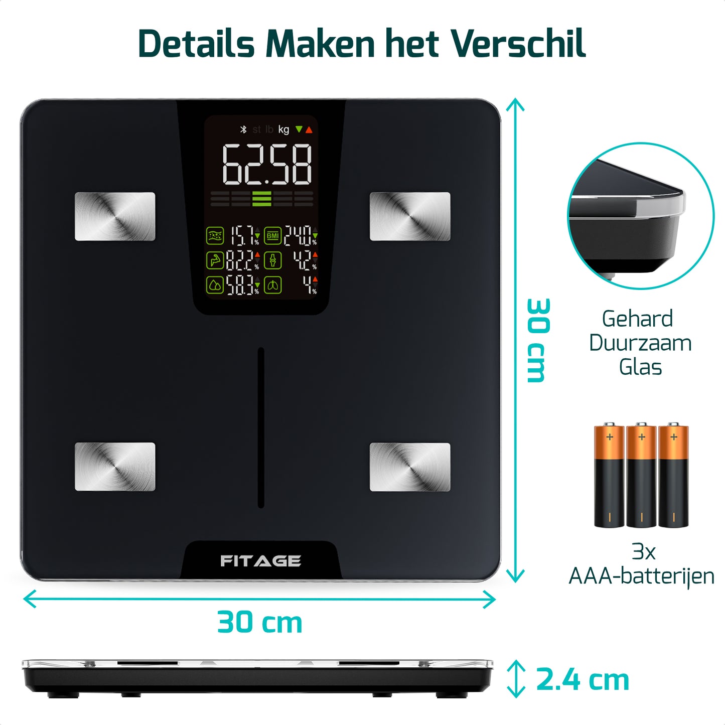 Personenweegschaal LED - Weegschaal met 17x Lichaamsanalyse - Vetpercentagemeter - FITAGE App