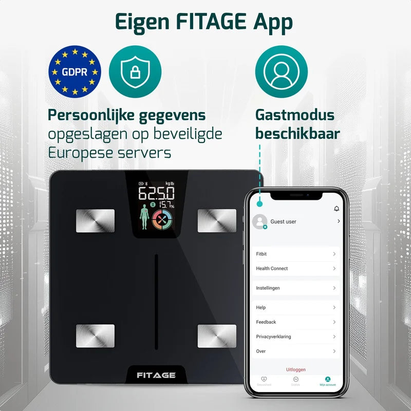 FITAGE personenweegschaal met eigen FITAGE app, gastmodus en veilige opslag van persoonlijke gegevens op Europese servers.