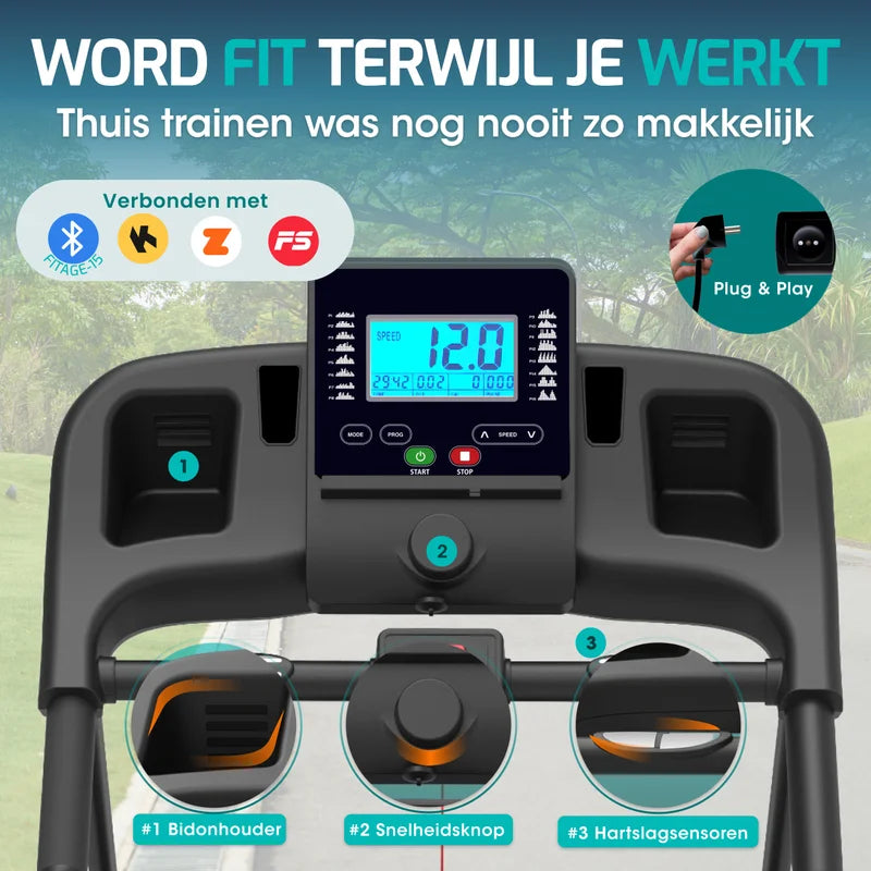 Wandelband met elektrische aandrijving, 12 km/u en 4 hellingsniveaus voor een veelzijdige workout.