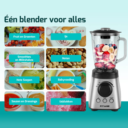 Moderne keukenblender met een glazen kan, omringd door vers fruit en groenten.