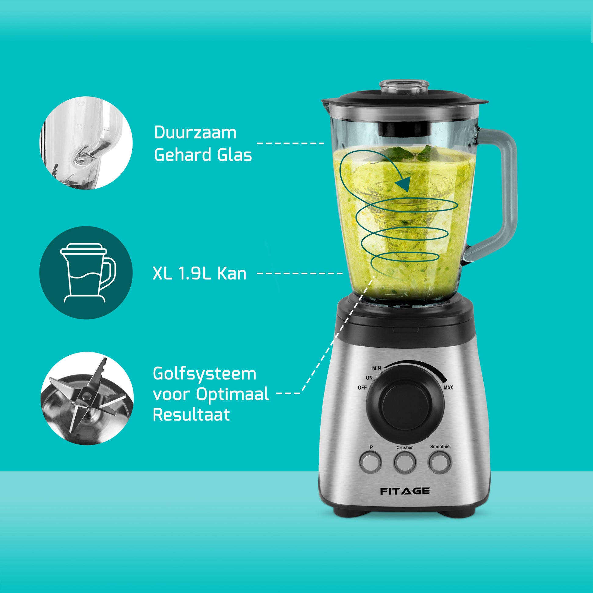 Blender van 1200W met 1.9L kan, ideaal voor het maken van smoothies en gemakkelijk mee te nemen.