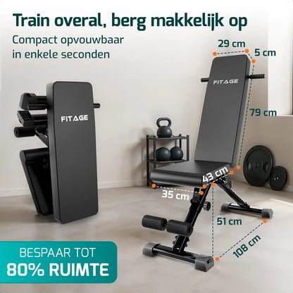 Verstelbare en inklapbare fitnessbank, sterk genoeg voor 300 kg. Ideaal voor een efficiënte workout thuis.