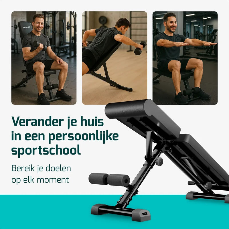 Inklapbare fitnessbank, verstelbaar en robuust, geschikt voor een gewicht tot 300 kg. Ideaal voor elke training.