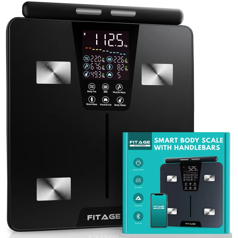 FITAGE personenweegschaal met handvat en verpakking, slimme weegschaal met lichaamsanalyse, maximaal 225 kg, zwart.