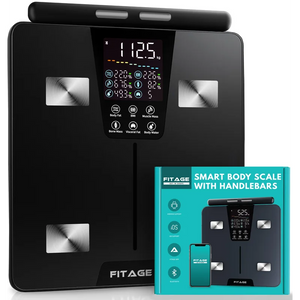 FITAGE personenweegschaal met handvat en verpakking, slimme weegschaal met lichaamsanalyse, maximaal 225 kg, zwart.