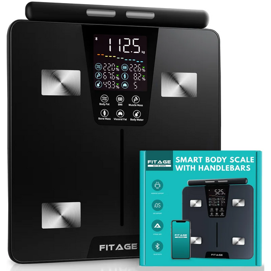 FITAGE personenweegschaal met handvat en verpakking, slimme weegschaal met lichaamsanalyse, maximaal 225 kg, zwart.