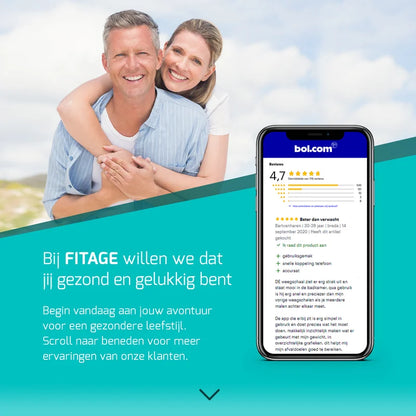 FITAGE personenweegschaal met klantreviews op smartphone en focus op gezondheid en leefstijl.