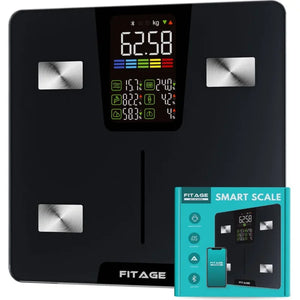 FITAGE slimme personenweegschaal met kleurendisplay voor lichaamsanalyse, inclusief productverpakking en ondersteuning via de FITAGE app.