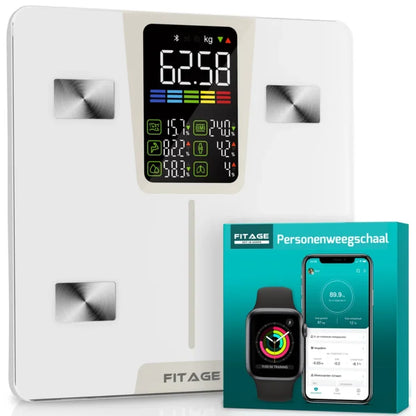 FITAGE personenweegschaal met kleurendisplay voor lichaamsanalyse, inclusief productverpakking en ondersteuning via de FITAGE app.