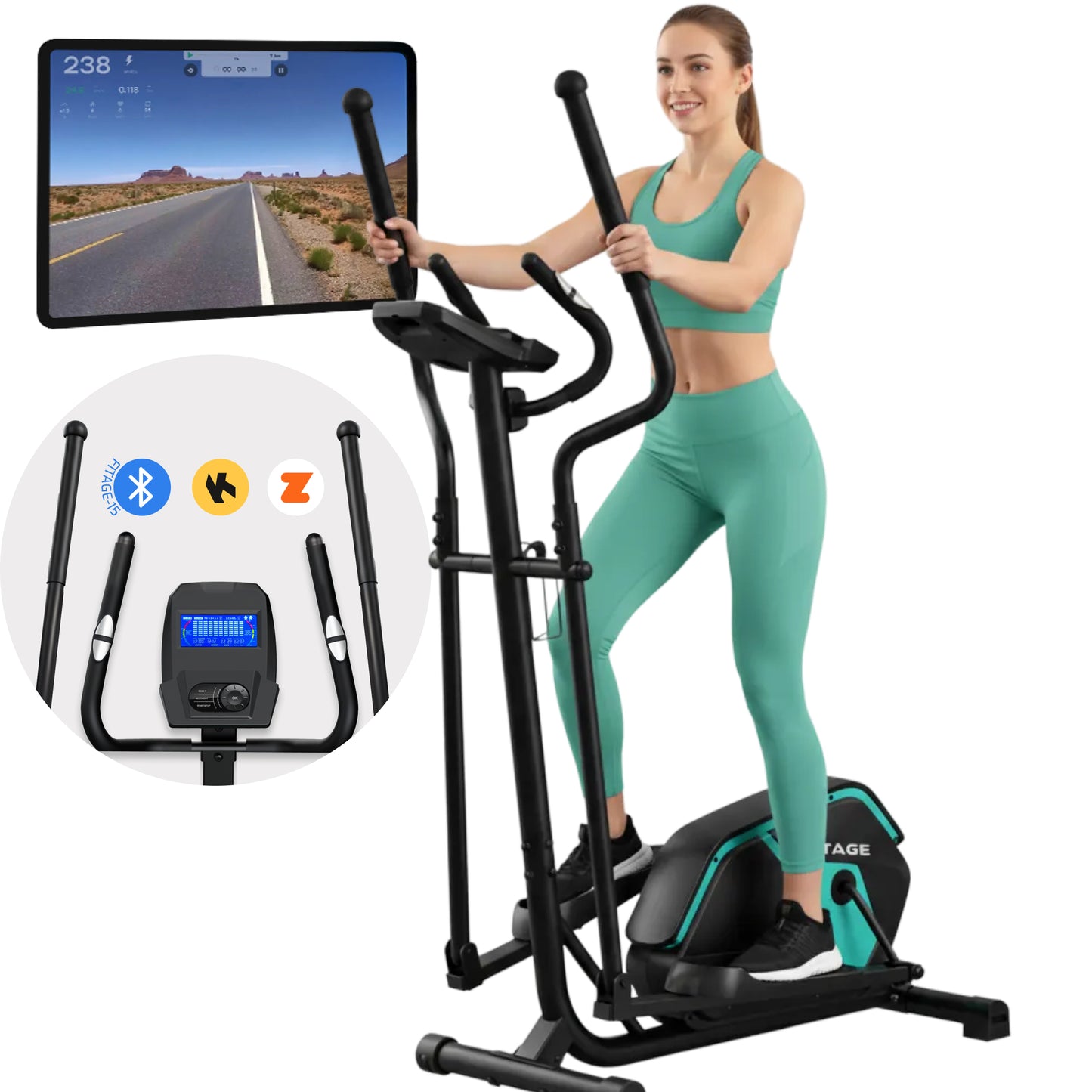 FITAGE crosstrainer met magnetisch weerstandssysteem, vrouw traint thuis met display en tablethouder.