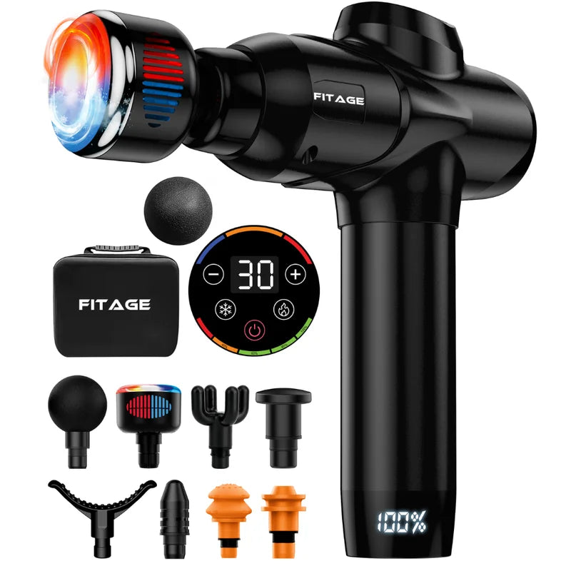 FITAGE Massage Gun Premium met warm en koud massagekop, display met 30 standen en 12 opzetstukken.