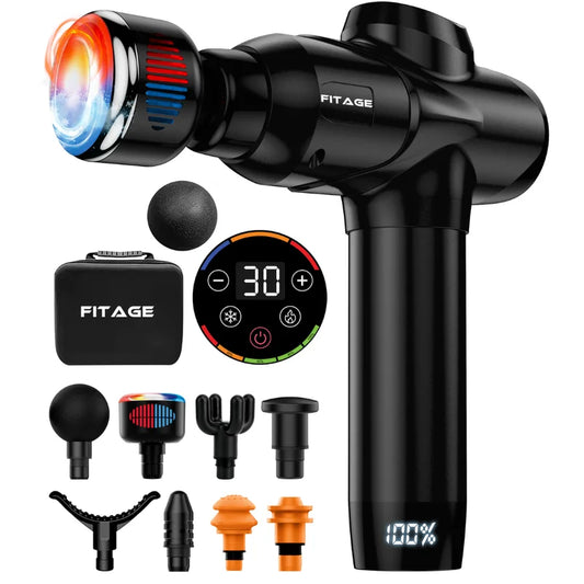 FITAGE Massage Gun Premium met warm en koud massagekop, display met 30 standen en 12 opzetstukken.