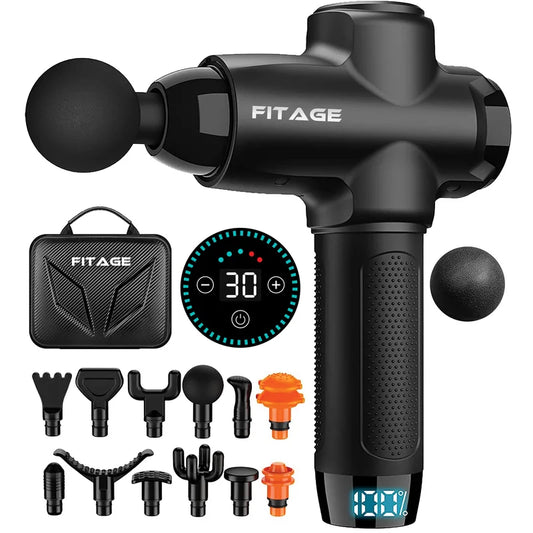 FITAGE massage gun set met meerdere opzetstukken, draagtas en digitaal display op witte achtergrond.