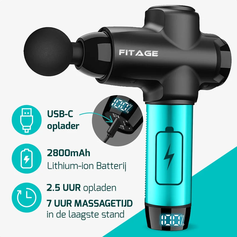 FITAGE massage gun met USB C oplader, 2800 mAh batterij en indicatie van oplaadtijd en totale massagetijd.