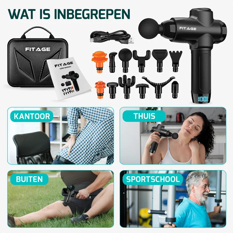Inhoud van de FITAGE massage gun set met koffer, handleiding, kabel en diverse massagekoppen voor thuis, kantoor en sportschool.