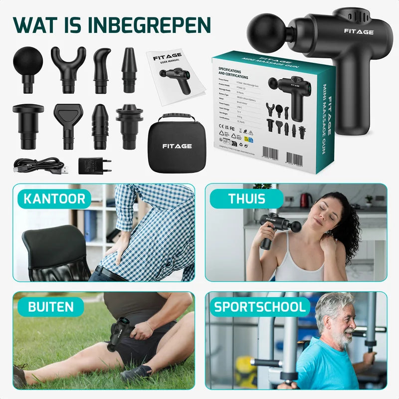Inhoud verpakking FITAGE Mini Massage Gun met opzetstukken, handleiding, draagtas en gebruikssituaties thuis, kantoor, buiten en sportschool.