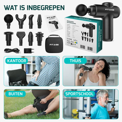 Inhoud verpakking FITAGE Mini Massage Gun met opzetstukken, handleiding, draagtas en gebruikssituaties thuis, kantoor, buiten en sportschool.
