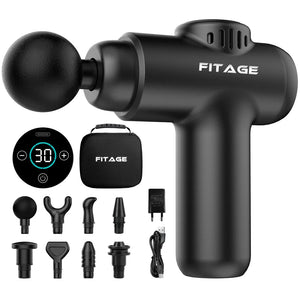 FITAGE Mini Massage Gun met 12 opzetstukken, draagtas, oplader en digitaal display op witte achtergrond.
