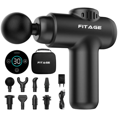 FITAGE Mini Massage Gun met 12 opzetstukken, draagtas, oplader en digitaal display op witte achtergrond.