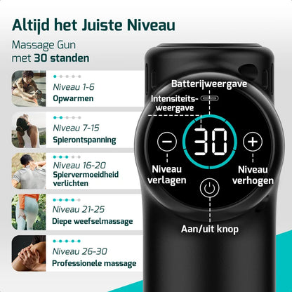 FITAGE massage gun display met 30 standen, intensiteitsregeling, batterijweergave en toepassingen per niveau.