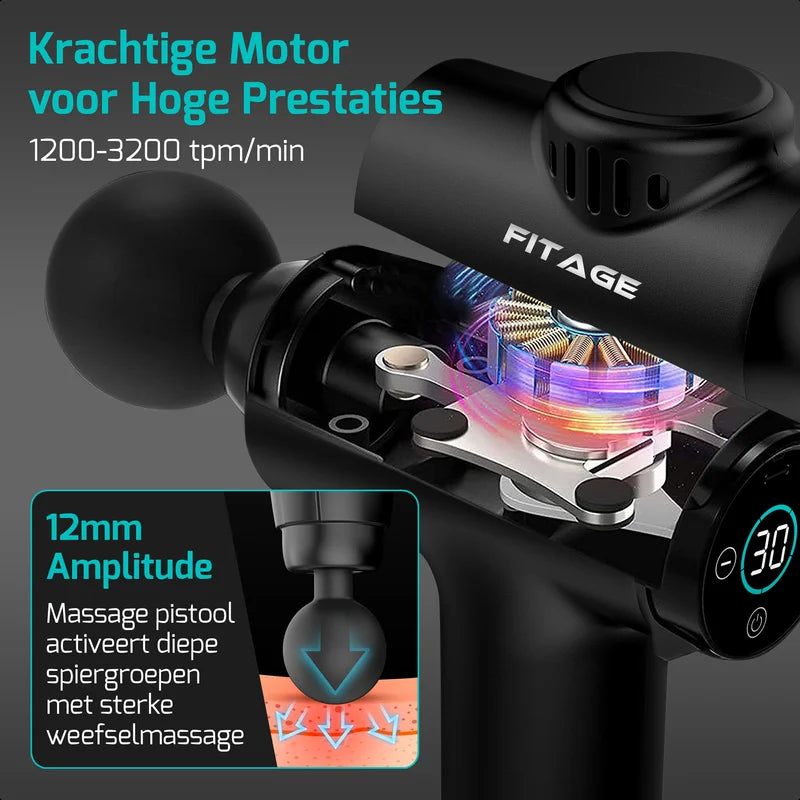 FITAGE mini massage gun met krachtige motor van 1200–3200 tpm, 12 mm amplitude en interne weergave voor diepe spiermassage.