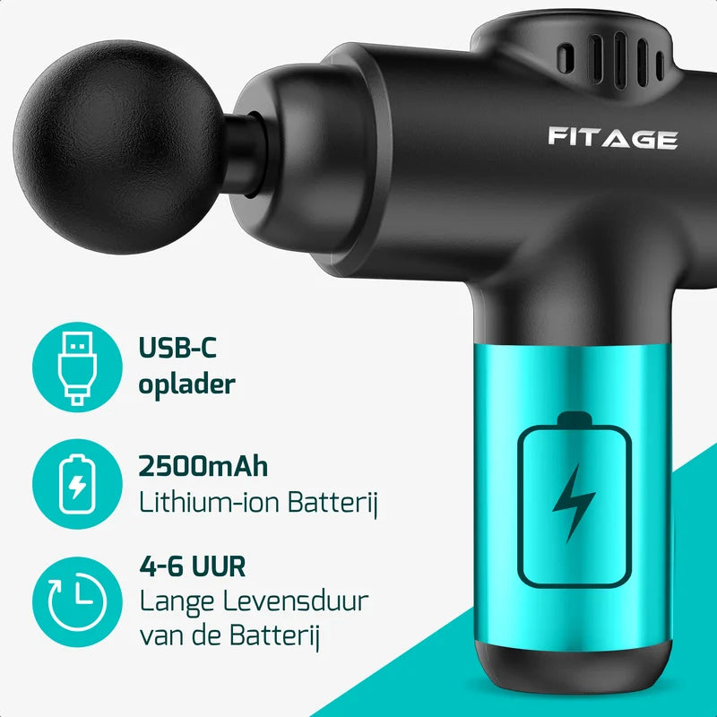 FITAGE mini massage gun met USB C oplader, lithium ion batterij en lange gebruiksduur per lading.