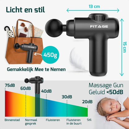 Lichte en stille FITAGE mini massage gun van 450 g met afmetingen en geluidsniveau onder 50 dB.