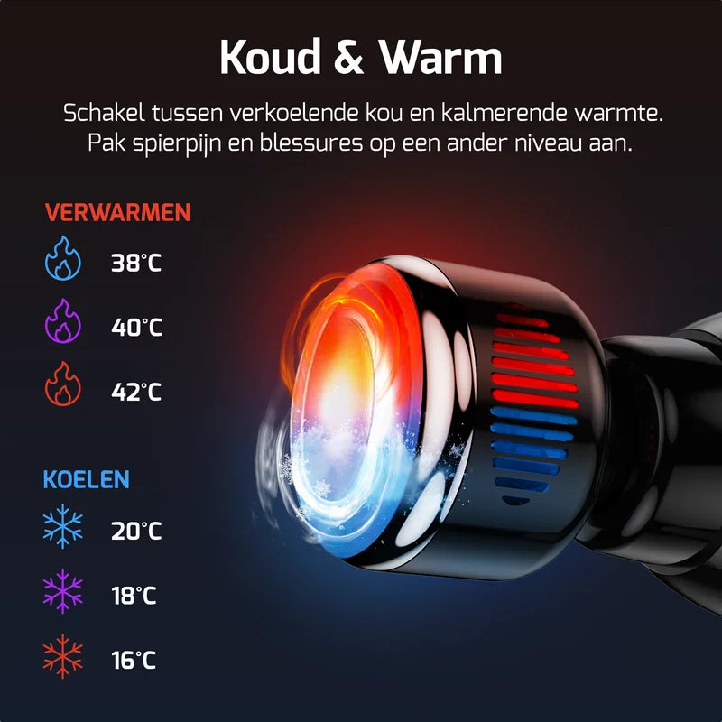 Massagepistool met 8 accessoires en 20 instellingen, perfect voor spierontspanning, zowel warm als koud.
